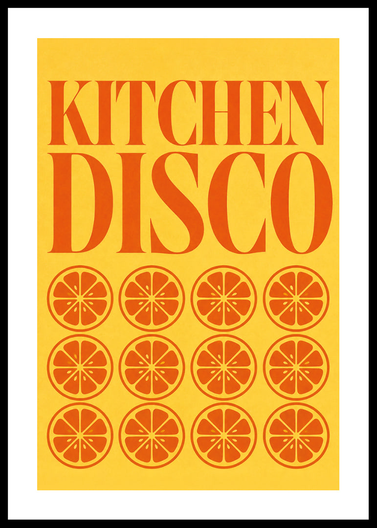 Grafisches Küchenposter mit orangefarbenen Scheiben und einem vom Disco-Stil inspirierten Retro-Flair.-12