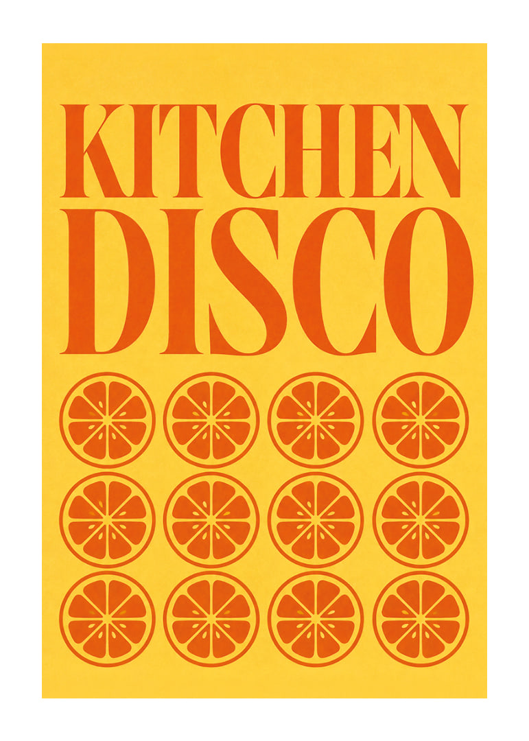 Grafisches Küchenposter mit orangefarbenen Scheiben und einem vom Disco-Stil inspirierten Retro-Flair.-12