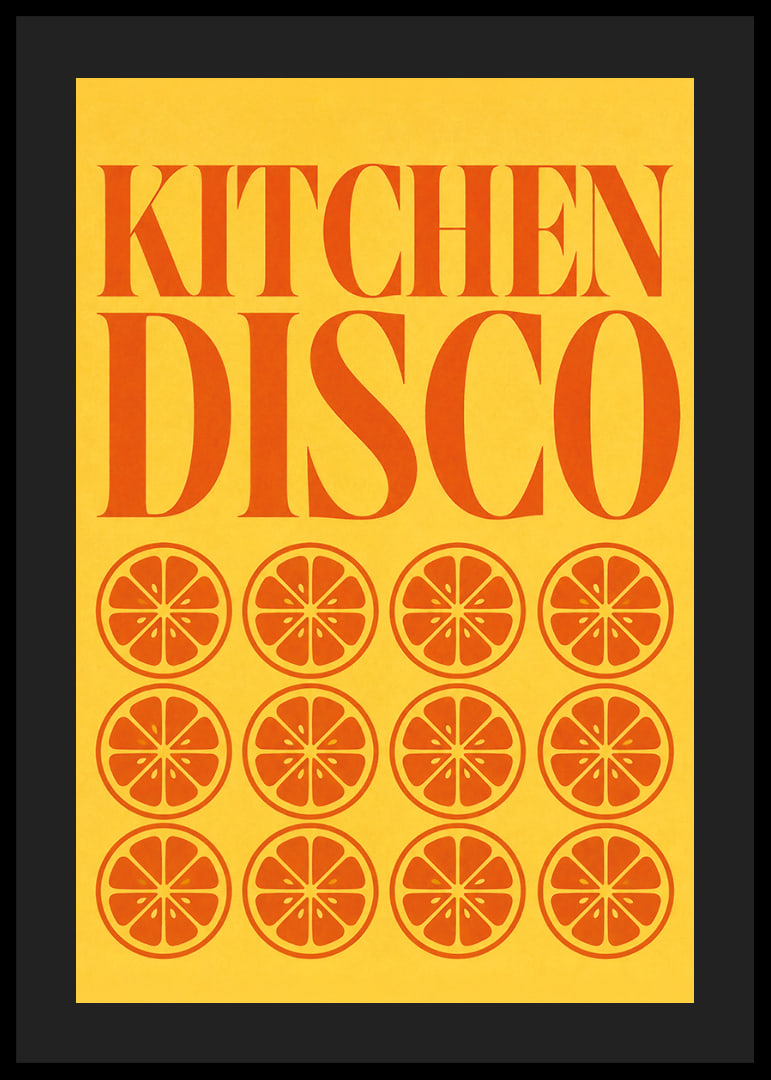 Grafisches Küchenposter mit orangefarbenen Scheiben und einem vom Disco-Stil inspirierten Retro-Flair.-12