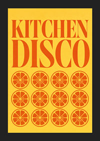 Grafisches Küchenposter mit orangefarbenen Scheiben und einem vom Disco-Stil inspirierten Retro-Flair.-5
