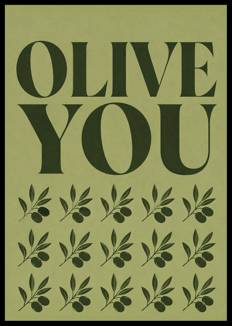 Grafisches Olivenposter mit liebevoller Typografie in sanften olivgrünen Tönen.-12