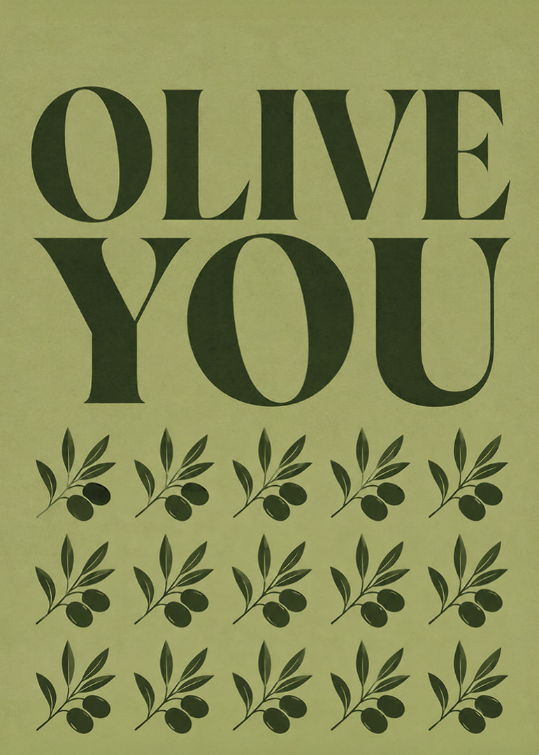 Grafisches Olivenposter mit liebevoller Typografie in sanften olivgrünen Tönen.-12