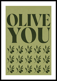 Grafisches Olivenposter mit liebevoller Typografie in sanften olivgrünen Tönen.-0