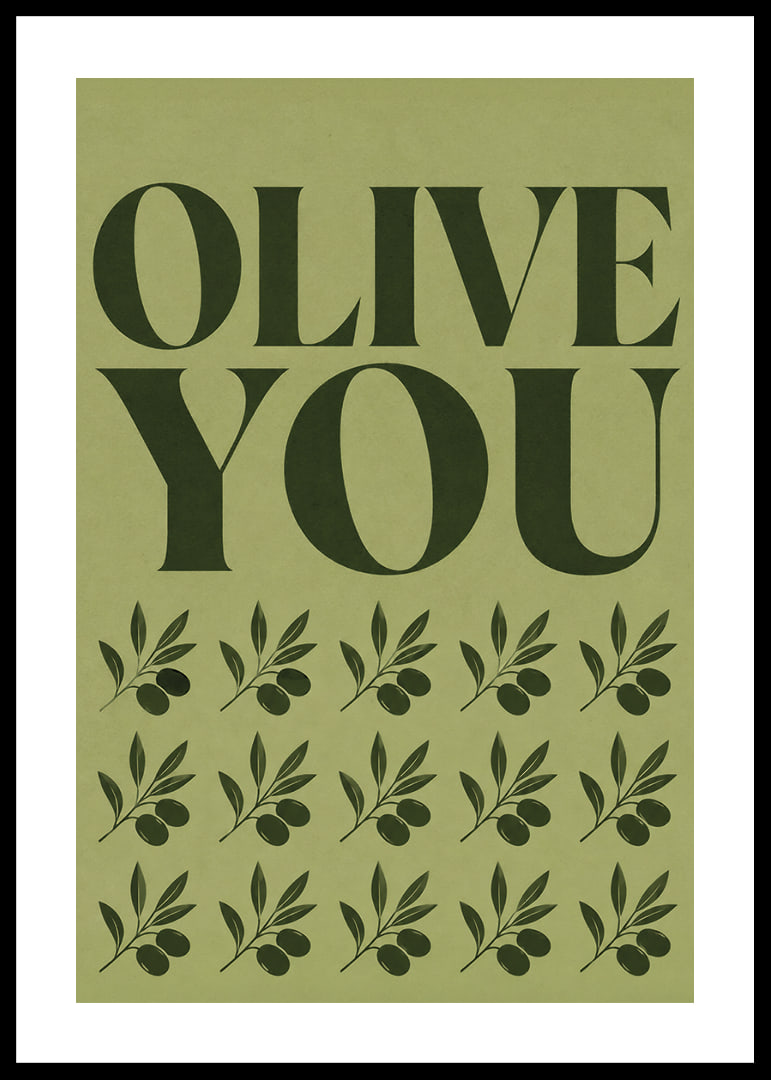 Grafisches Olivenposter mit liebevoller Typografie in sanften olivgrünen Tönen.-12