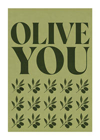 Grafisches Olivenposter mit liebevoller Typografie in sanften olivgrünen Tönen.-1