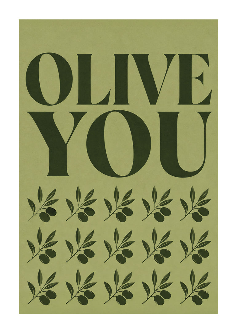 Grafisches Olivenposter mit liebevoller Typografie in sanften olivgrünen Tönen.-12