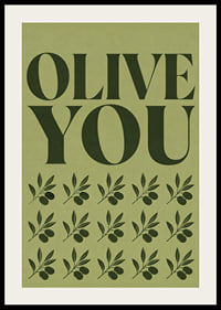 Grafisches Olivenposter mit liebevoller Typografie in sanften olivgrünen Tönen.-2