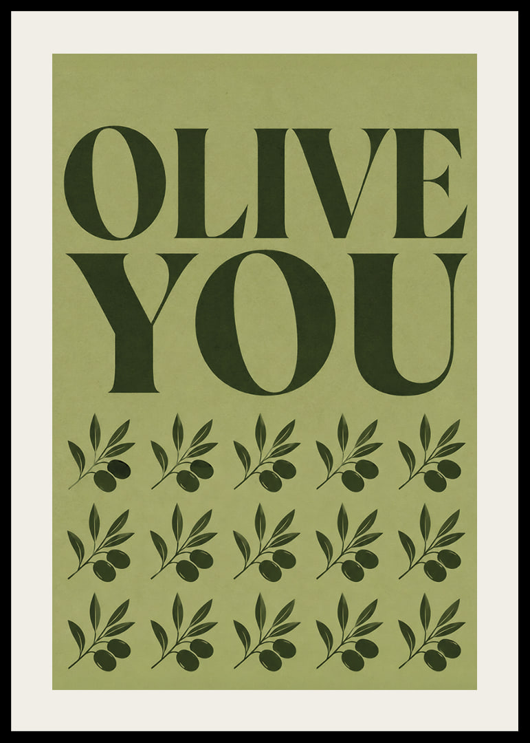 Grafisches Olivenposter mit liebevoller Typografie in sanften olivgrünen Tönen.-12
