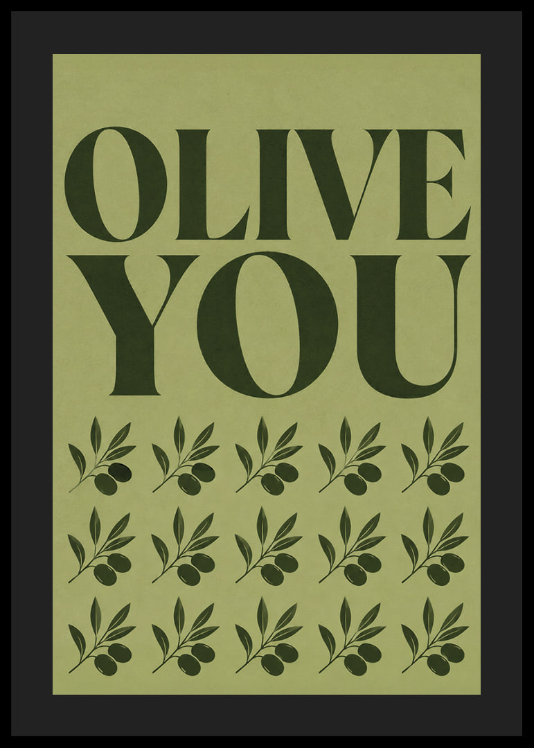 Grafisches Olivenposter mit liebevoller Typografie in sanften olivgrünen Tönen.-12