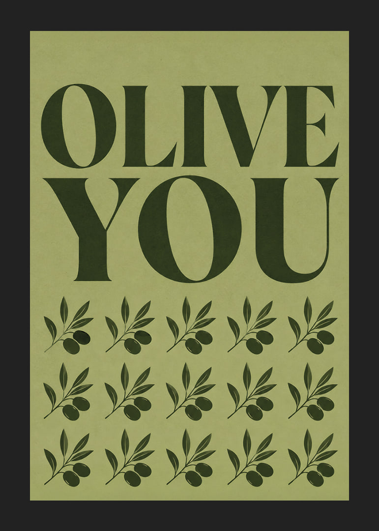 Grafisches Olivenposter mit liebevoller Typografie in sanften olivgrünen Tönen.-12