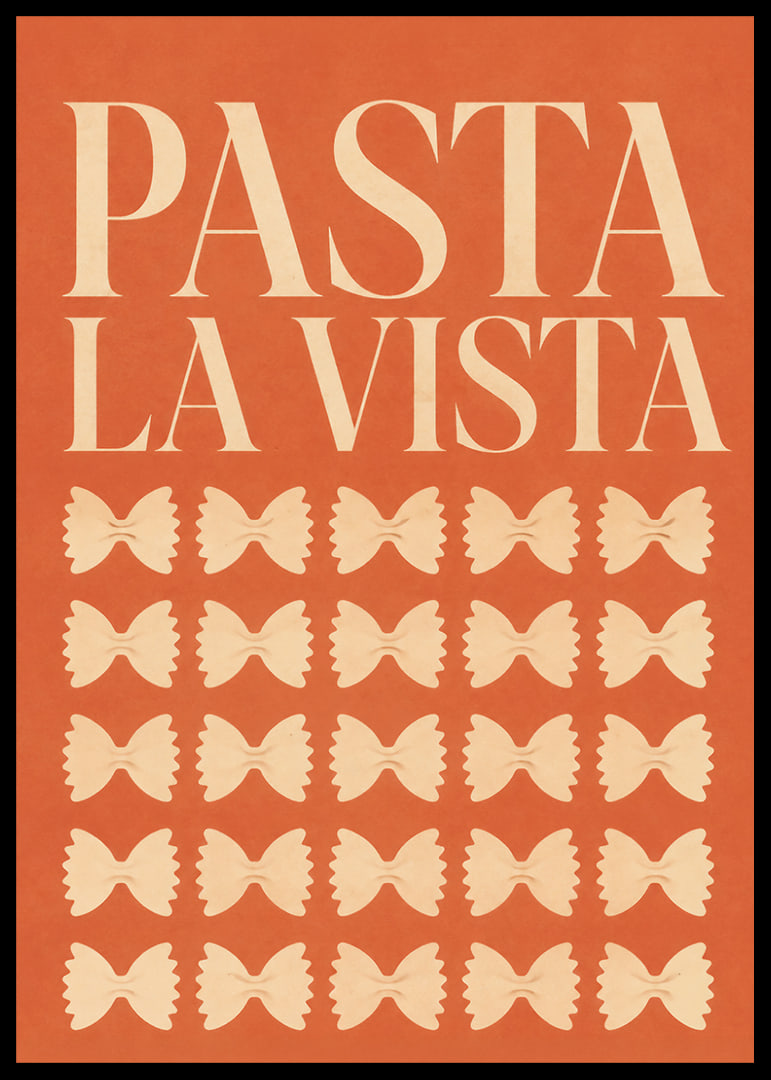 Typografisches Pasta-Poster in warmem Terrakotta mit verspielten Farfalle-Formen.-12