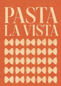 Typografisches Pasta-Poster in warmem Terrakotta mit verspielten Farfalle-Formen.-7