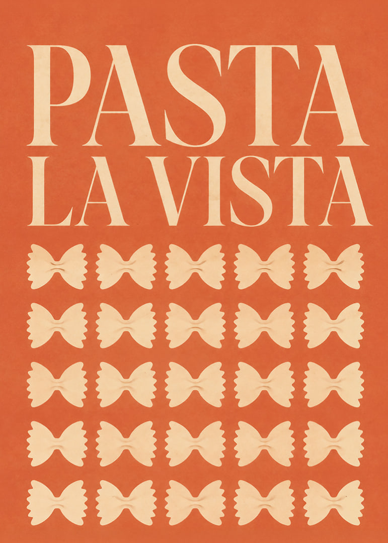Typografisches Pasta-Poster in warmem Terrakotta mit verspielten Farfalle-Formen.-12
