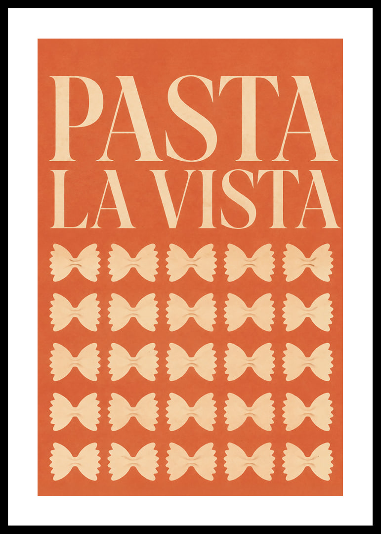 Typografisches Pasta-Poster in warmem Terrakotta mit verspielten Farfalle-Formen.-12