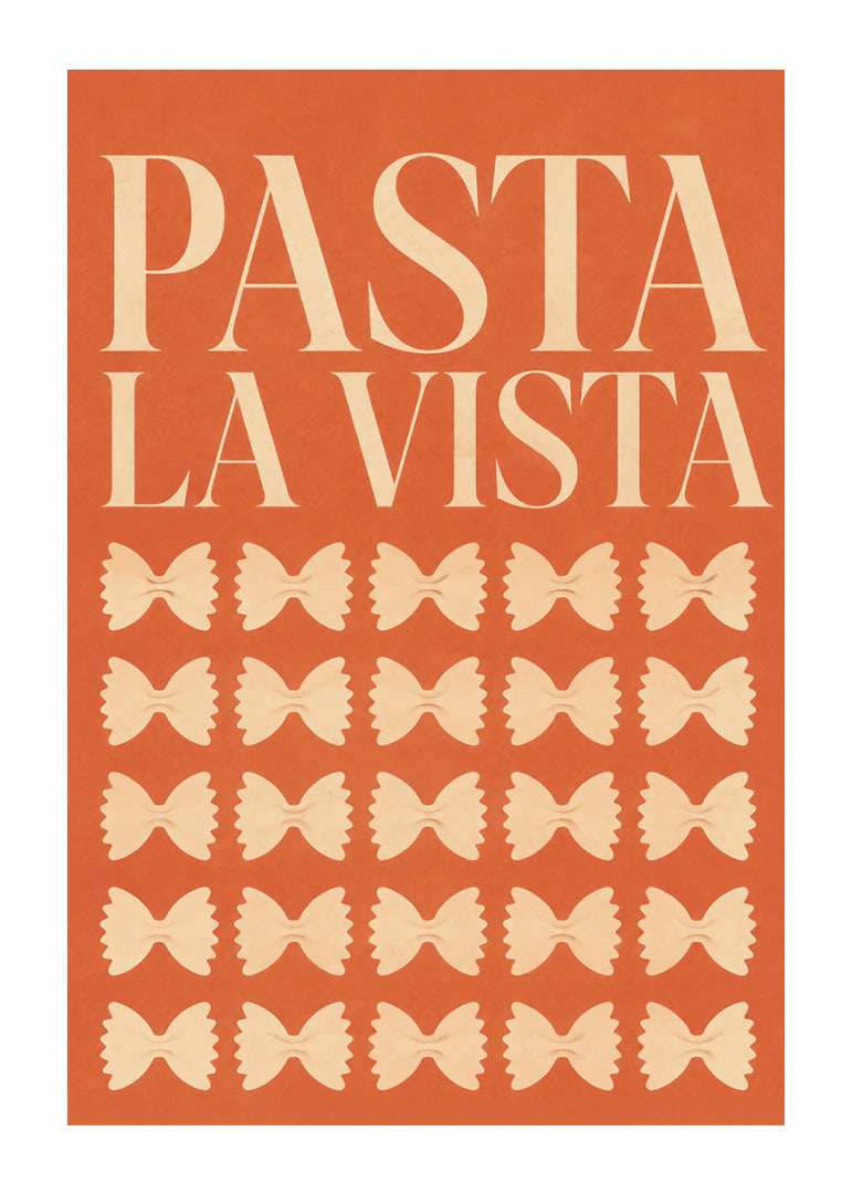 Typografisches Pasta-Poster in warmem Terrakotta mit verspielten Farfalle-Formen.-12