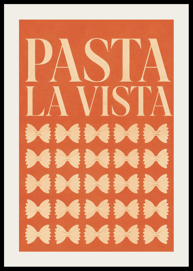 Typografisches Pasta-Poster in warmem Terrakotta mit verspielten Farfalle-Formen.-12