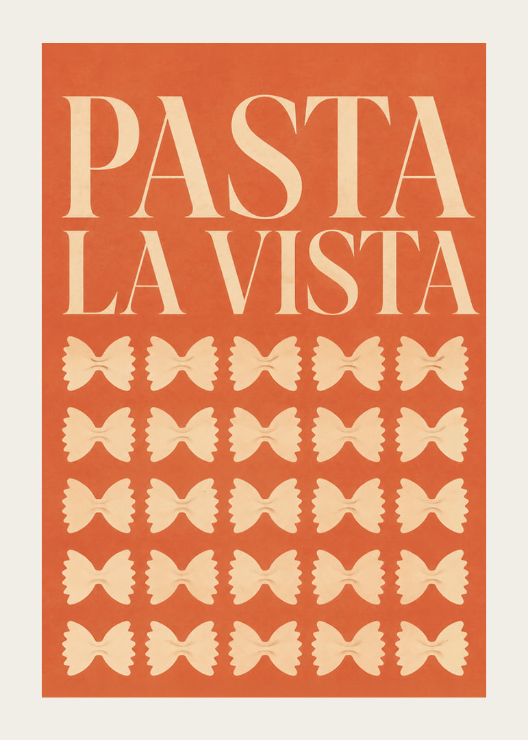 Typografisches Pasta-Poster in warmem Terrakotta mit verspielten Farfalle-Formen.-12