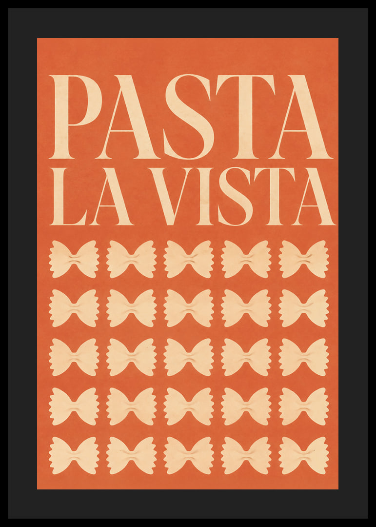 Typografisches Pasta-Poster in warmem Terrakotta mit verspielten Farfalle-Formen.-12