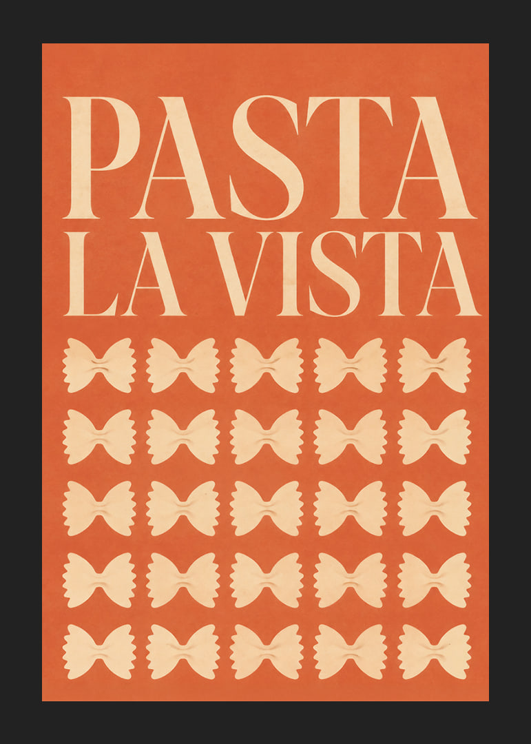 Typografisches Pasta-Poster in warmem Terrakotta mit verspielten Farfalle-Formen.-12