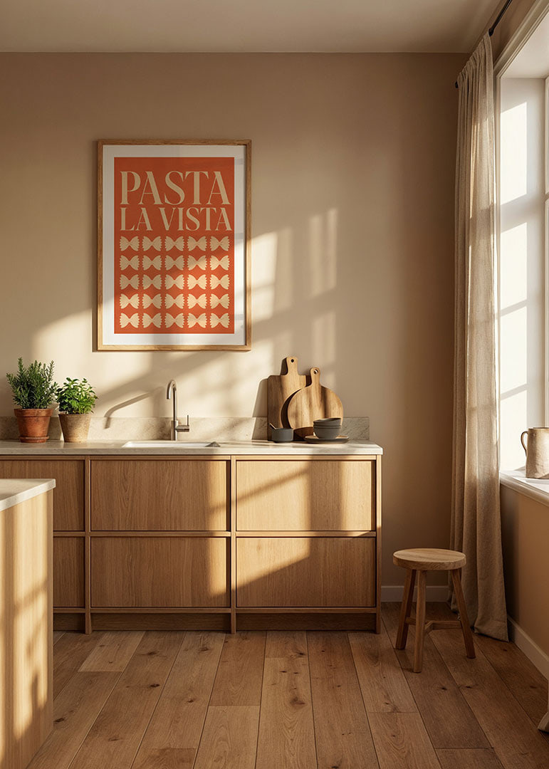 Typografisches Pasta-Poster in warmem Terrakotta mit verspielten Farfalle-Formen.-12