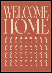 Een warme, terracotta-kleurige typografische poster met sleutels en een uitnodigende uitstraling.-6