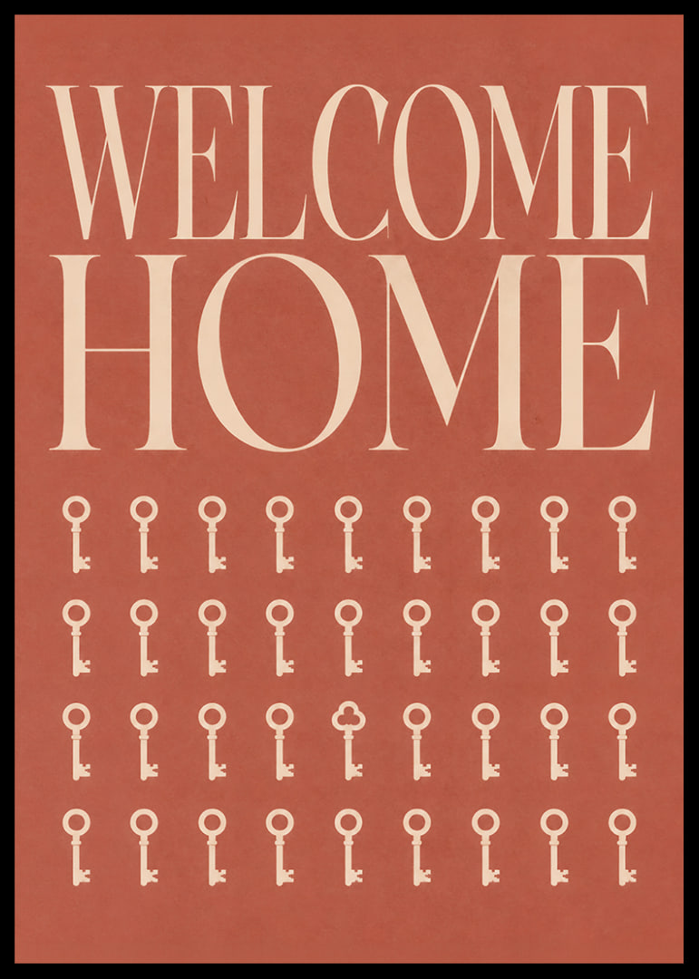 Een warme, terracotta-kleurige typografische poster met sleutels en een uitnodigende uitstraling.-12
