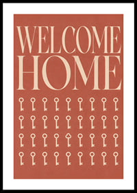 Een warme, terracotta-kleurige typografische poster met sleutels en een uitnodigende uitstraling.-0