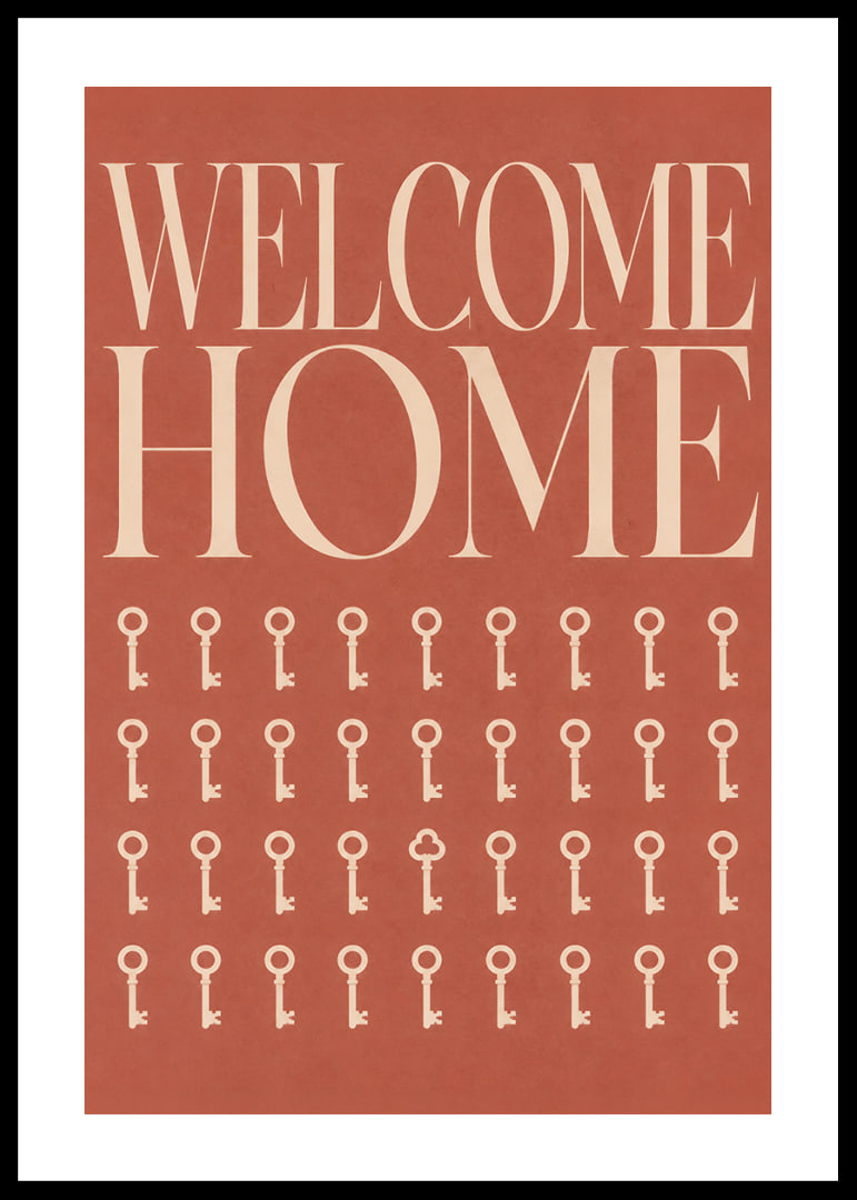 Een warme, terracotta-kleurige typografische poster met sleutels en een uitnodigende uitstraling.-12
