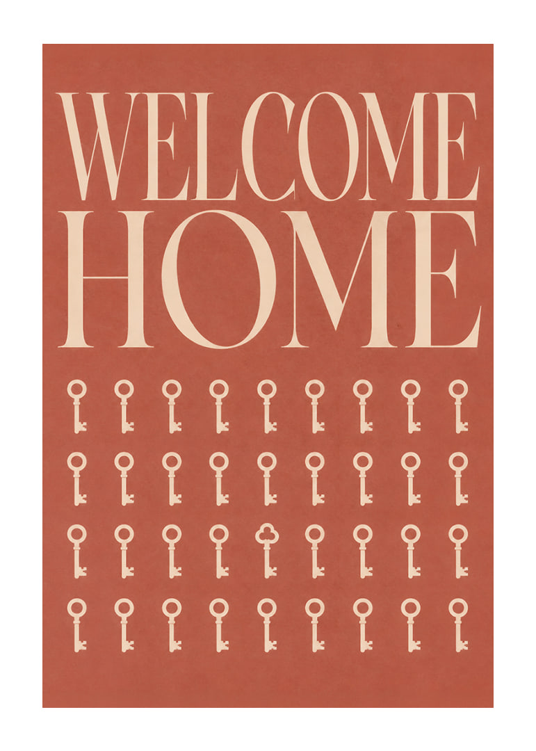 Een warme, terracotta-kleurige typografische poster met sleutels en een uitnodigende uitstraling.-12