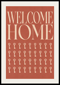 Een warme, terracotta-kleurige typografische poster met sleutels en een uitnodigende uitstraling.-2