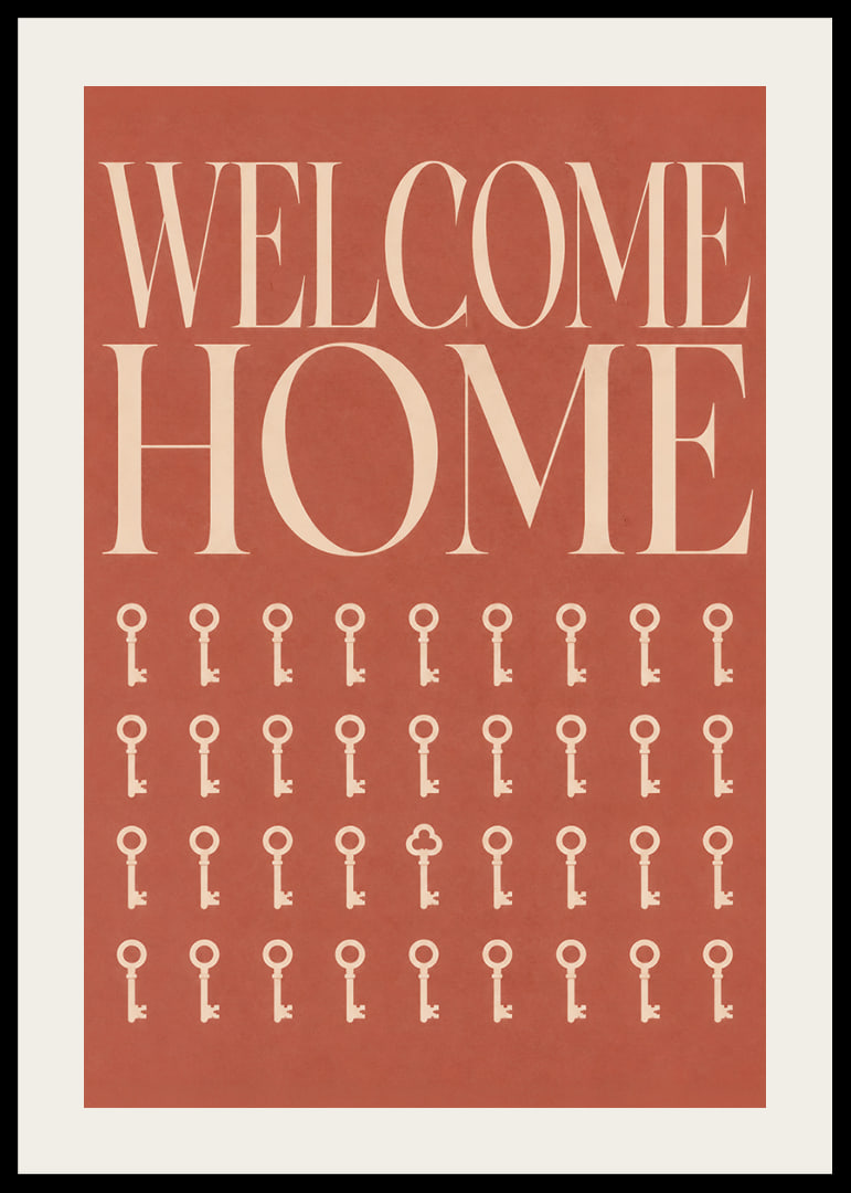 Een warme, terracotta-kleurige typografische poster met sleutels en een uitnodigende uitstraling.-12