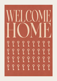 Een warme, terracotta-kleurige typografische poster met sleutels en een uitnodigende uitstraling.-3