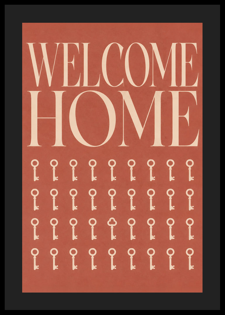 Een warme, terracotta-kleurige typografische poster met sleutels en een uitnodigende uitstraling.-12