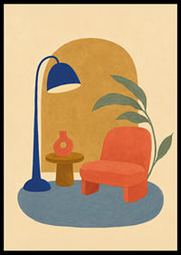 Un coin lecture coloré et stylisé avec un fauteuil, un lampadaire et une plante verte.-6