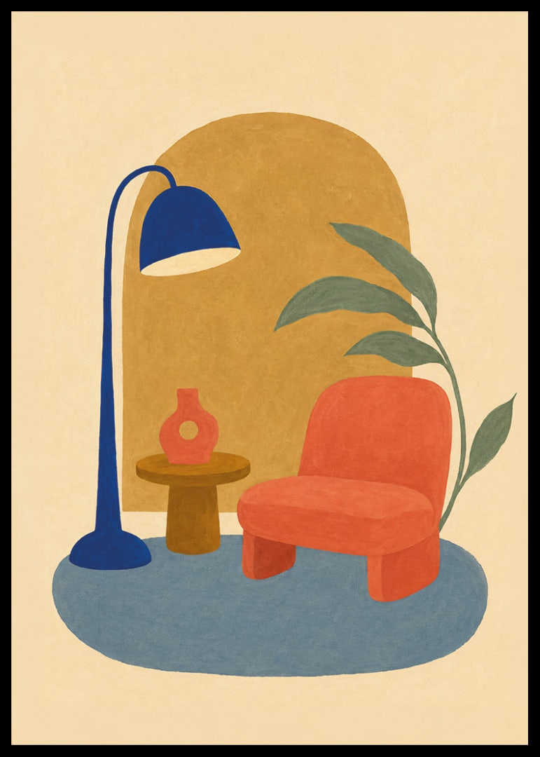 Un coin lecture coloré et stylisé avec un fauteuil, un lampadaire et une plante verte.-12