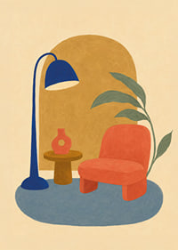 Un coin lecture coloré et stylisé avec un fauteuil, un lampadaire et une plante verte.-7