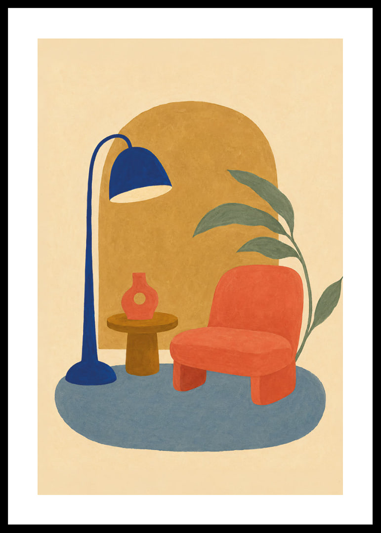 Un coin lecture coloré et stylisé avec un fauteuil, un lampadaire et une plante verte.-12