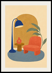 Un coin lecture coloré et stylisé avec un fauteuil, un lampadaire et une plante verte.-2