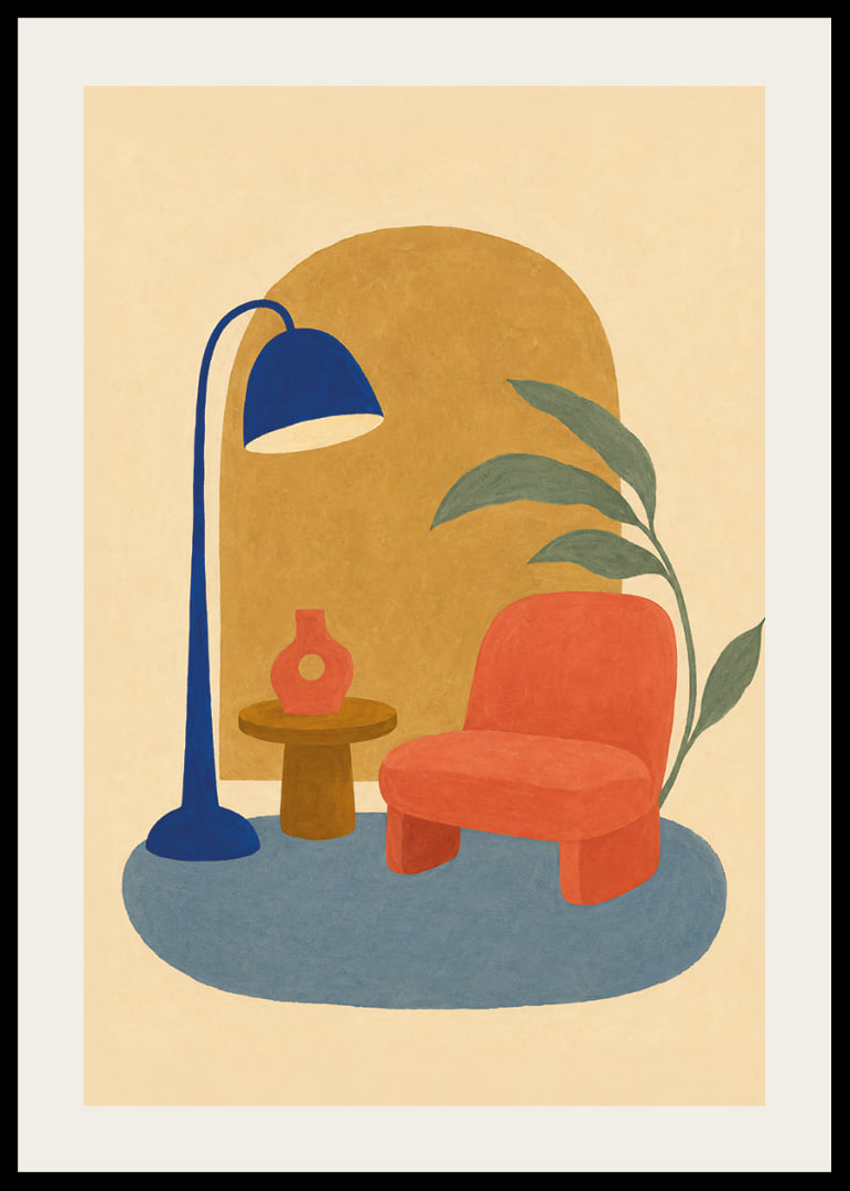 Un coin lecture coloré et stylisé avec un fauteuil, un lampadaire et une plante verte.-12