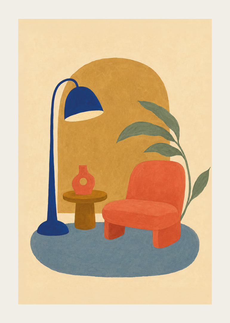 Un coin lecture coloré et stylisé avec un fauteuil, un lampadaire et une plante verte.-12