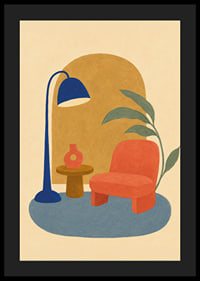 Un coin lecture coloré et stylisé avec un fauteuil, un lampadaire et une plante verte.-4