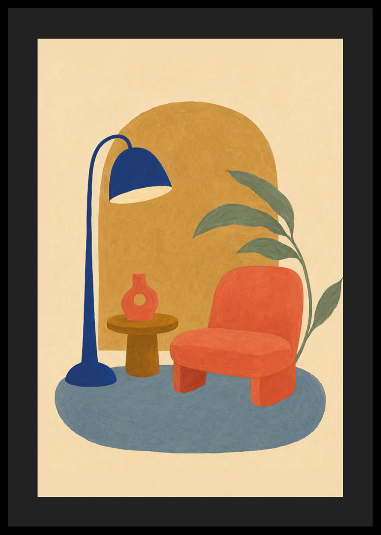 Un coin lecture coloré et stylisé avec un fauteuil, un lampadaire et une plante verte.-12