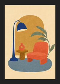 Un coin lecture coloré et stylisé avec un fauteuil, un lampadaire et une plante verte.-5