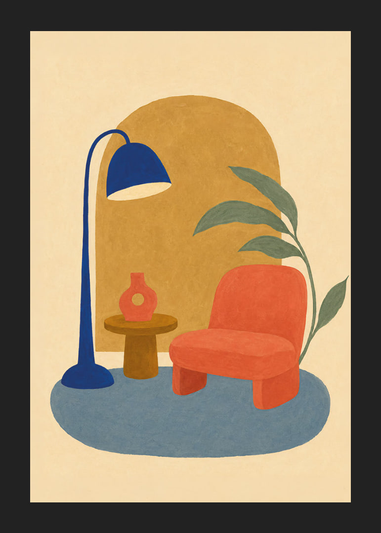 Un coin lecture coloré et stylisé avec un fauteuil, un lampadaire et une plante verte.-12