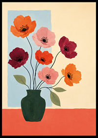 Fargerike valmuer i en mørkegrønn vase skaper en varm og kunstnerisk følelse.-6
