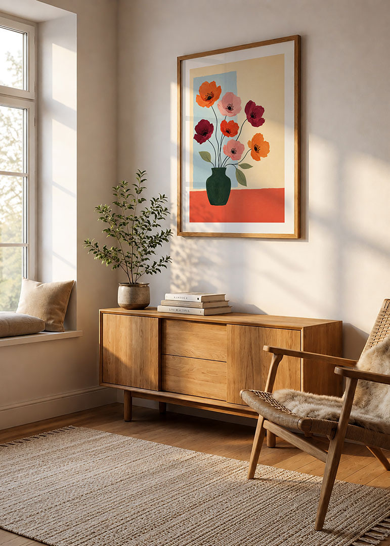Fargerike valmuer i en mørkegrønn vase skaper en varm og kunstnerisk følelse.-12