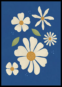 Stiliserte kremhvite blomster mot en dypblå bakgrunn skaper en varm og leken følelse.-6