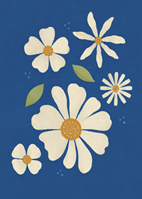 Stiliserte kremhvite blomster mot en dypblå bakgrunn skaper en varm og leken følelse.-7