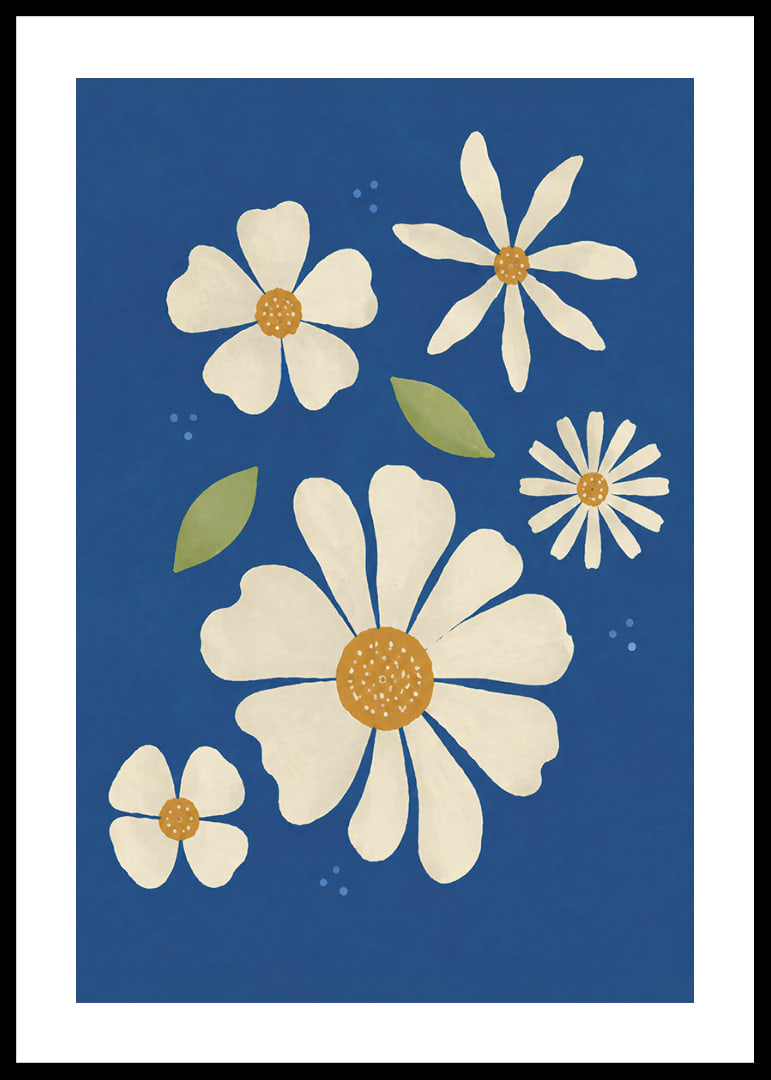 Stiliserte kremhvite blomster mot en dypblå bakgrunn skaper en varm og leken følelse.-12