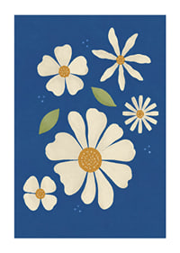 Stiliserte kremhvite blomster mot en dypblå bakgrunn skaper en varm og leken følelse.-1
